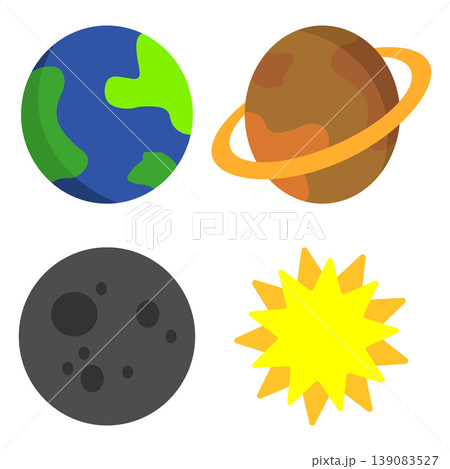 Flat space icons set with Earth, Saturn, Moon and Sun. Vector illustration 139083527
