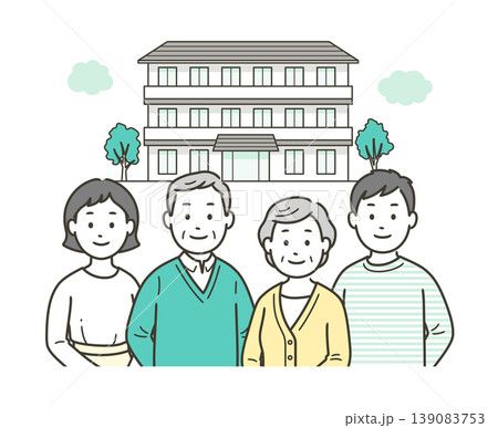 介護施設の前にいる高齢者夫婦と若い夫婦 介護施設の前にいる高齢者夫婦と若い夫婦 139083753