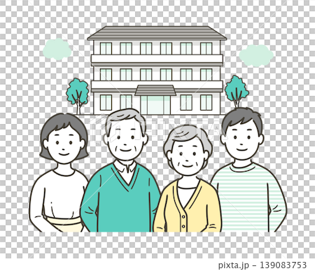 介護施設の前にいる高齢者夫婦と若い夫婦 介護施設の前にいる高齢者夫婦と若い夫婦 139083753