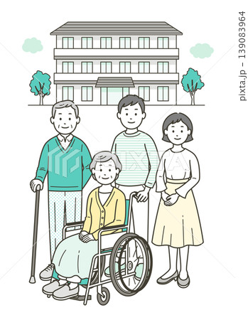 介護施設の前にいる車椅子に座る高齢女性と高齢男性の夫婦と若い夫婦 139083964