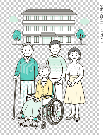 介護施設の前にいる車椅子に座る高齢女性と高齢男性の夫婦と若い夫婦 139083964