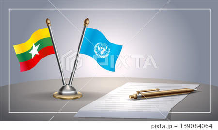 Small national flag of Myanmar and United Nations flag Relation, Template Vector Illustration Small national flag of Myanmar and United Nations flag Relation, Template Vector Illustration 139084064