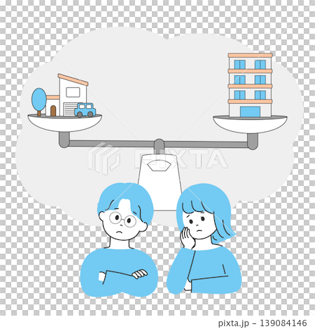 An illustration of a young couple struggling to decide whether to own or rent a home. An illustration of a young couple struggling to decide whether to own or rent a home. 139084146