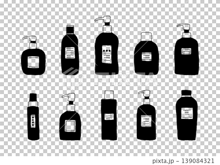 ラベルが貼られている様々な形の容器の手描きイラストセット(黒) ラベルが貼られている様々な形の容器の手描きイラストセット(黒) 139084321