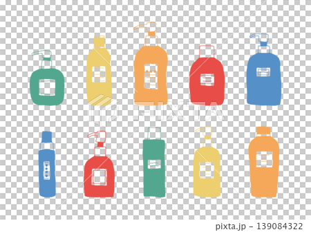 A set of hand-drawn illustrations of various shaped containers with labels (colorful). A set of hand-drawn illustrations of various shaped containers with labels (colorful). 139084322