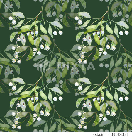 Hand drawn watercolor seamless pattern of delicate mistletoe branches. This festive botanical design features soft green leaves and pearlescent white berries arranged in a repeating layout, perfect Hand drawn watercolor seamless pattern of delicate mistletoe branches. This festive botanical design features soft green leaves and pearlescent white berries arranged in a repeating layout, perfect 139084331