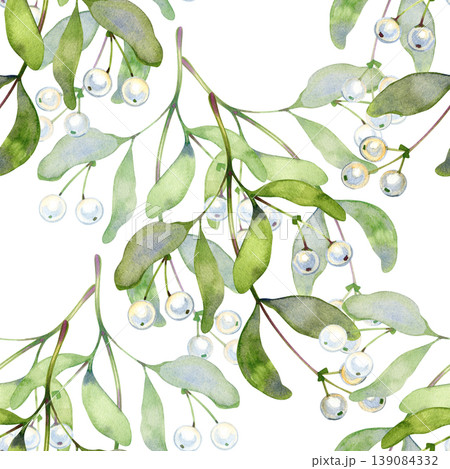 Hand drawn watercolor seamless pattern of delicate mistletoe branches. This festive botanical design features soft green leaves and pearlescent white berries arranged in a repeating layout, perfect 139084332