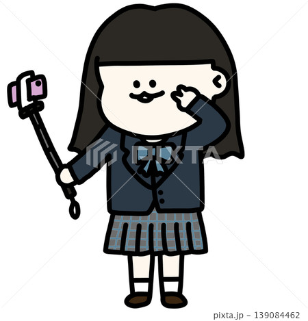 青リボンのブレザー制服姿で自撮りをする女子高生 ロング 背景透過 139084462
