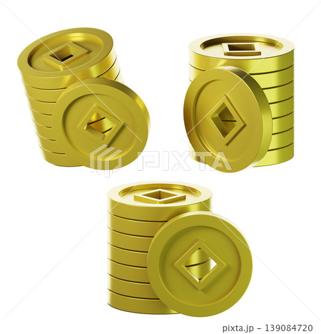 3d Chinese stacked coins on three points of view. Isolated on transparent background. 3D illustration. High resolution 3d Chinese stacked coins on three points of view. Isolated on transparent background. 3D illustration. High resolution 139084720