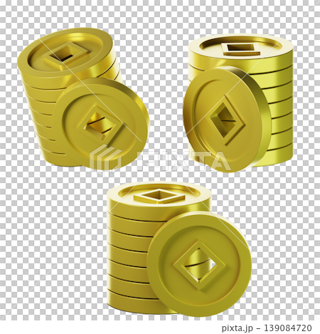3d Chinese stacked coins on three points of view. Isolated on transparent background. 3D illustration. High resolution 3d Chinese stacked coins on three points of view. Isolated on transparent background. 3D illustration. High resolution 139084720