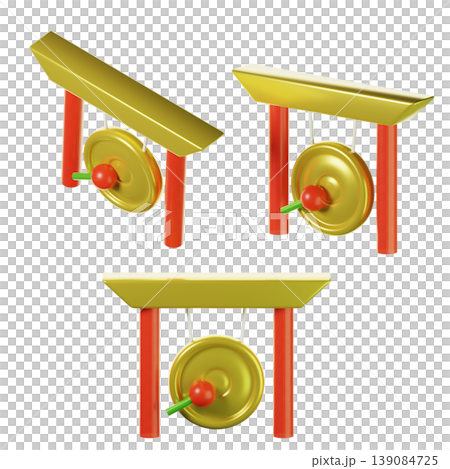 3d Chinese gong on three points of view. Isolated on transparent background. 3D illustration. High resolution 139084725