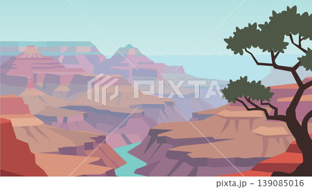 Flat Design Lonely Tree Above Endless Stone Rivers  139085016