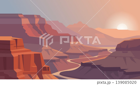 Burning Canyon Walls Holding Sunset Silence Flat Design 139085020
