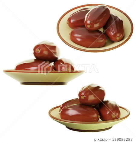 3D Icon Ramadan a plate of dates on three points of view. On transparent background. 3D illustration. High resolution 139085285