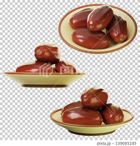 3D Icon Ramadan a plate of dates on three points of view. On transparent background. 3D illustration. High resolution 139085285