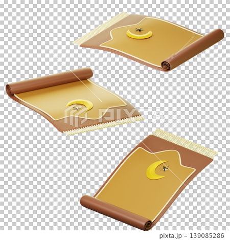 3D Icon Ramadan prayer mat on three points of view. On transparent background. 3D illustration. High resolution 139085286