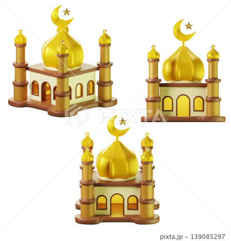 3D Icon Ramadan mosque on three points of view. On transparent background. On transparent background. 3D illustration. High resolution 139085297