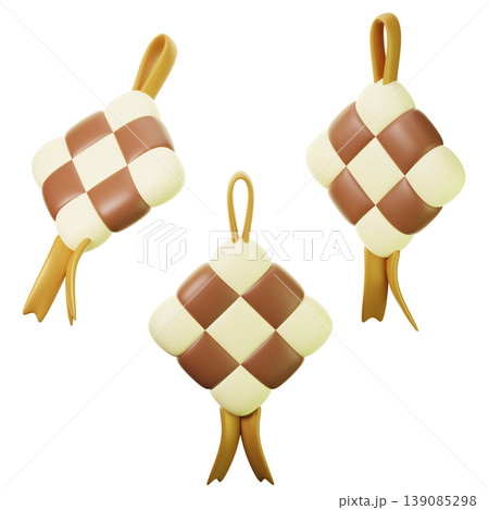 3D Icon Ramadan Ketupat on three points of view. On transparent background. On transparent background. 3D illustration. High resolution 3D Icon Ramadan Ketupat on three points of view. On transparent background. On transparent background. 3D illustration. High resolution 139085298