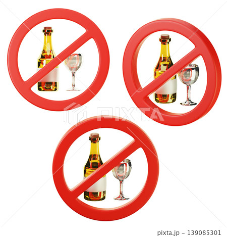 3D Icon Ramadan no alcohol on three points of view. On transparent background. On transparent background. 3D illustration. High resolution 139085301