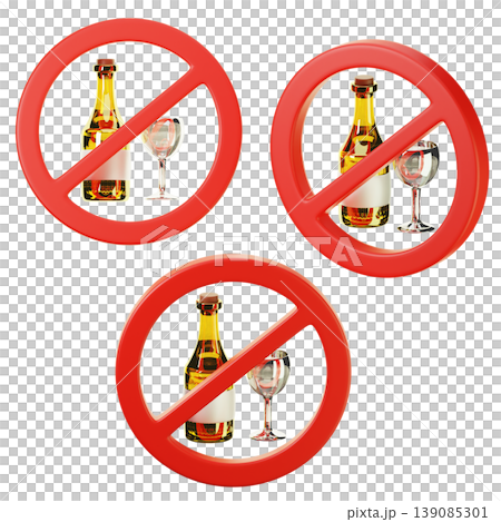 3D Icon Ramadan no alcohol on three points of view. On transparent background. On transparent background. 3D illustration. High resolution 139085301