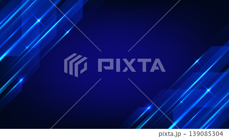 Blue technology background with neon light lines and glowing geometric shapes on dark gradient 139085304