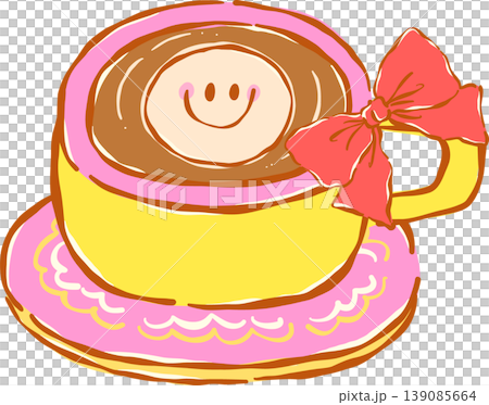 Preppy Cute Coffee Cup With Red Bow and Smiling Face Whimsical Hand Drawn 139085664