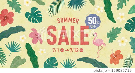 フラミンゴと植物が彩るトロピカル夏セールバナー背景 フラミンゴと植物が彩るトロピカル夏セールバナー背景 139085713
