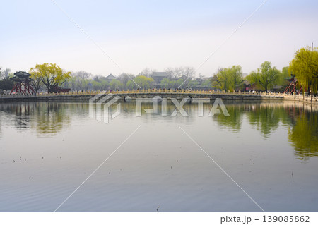 Lake and Bridge in spring at Beihai Park in Beijing, China, Lake and Bridge in spring at Beihai Park in Beijing, China, 139085862