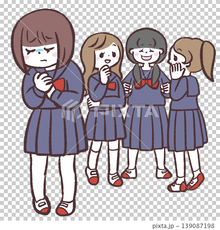 An illustration of a female student who can't fit in with a group of people. An illustration of a female student who can't fit in with a group of people. 139087198