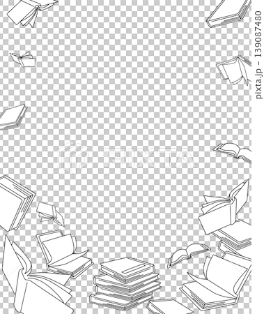 白黒線画の本と書籍と紙ページがランダムに舞う縦サイズ背景ベクターフレーム余白有り 139087480