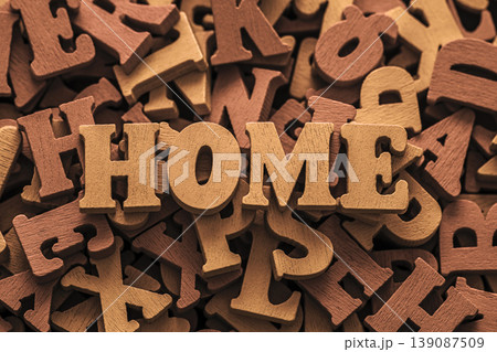Inscription home on pile of old vintage wooden letters. Inscription home on pile of old vintage wooden letters. 139087509
