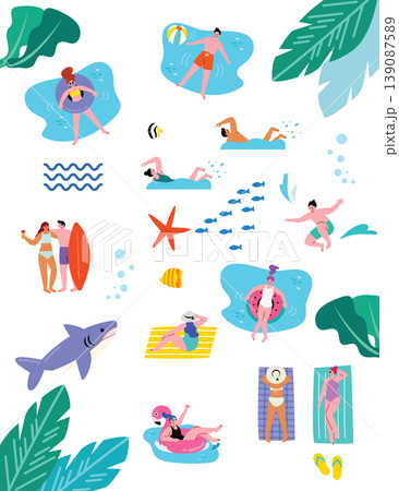 プールや海で遊ぶ人たちのイラストセット 139087589
