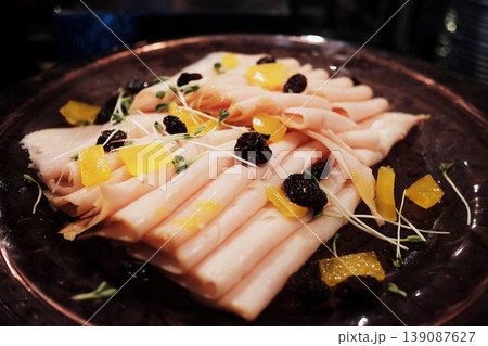Sliced boiled ham sausage food in a plate Sliced boiled ham sausage food in a plate 139087627