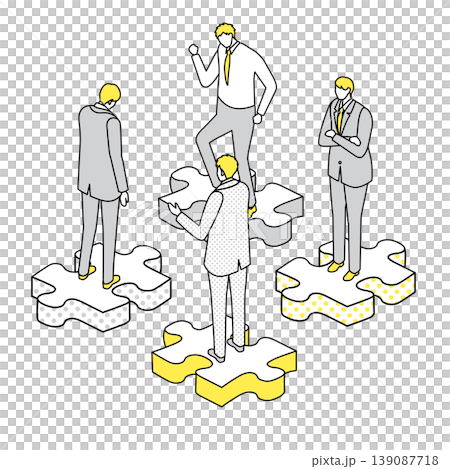 Isometric line drawing illustration of a business team standing on scattered puzzle pieces. 139087718