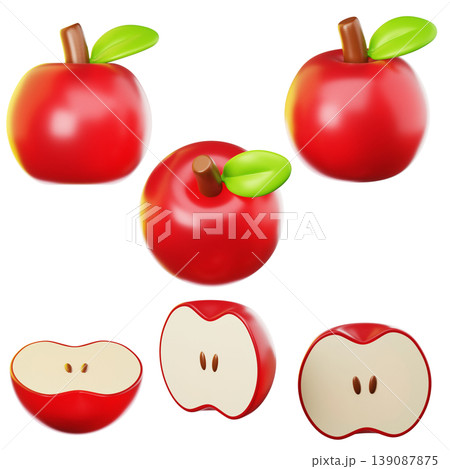 3D Icon fresh apples on three points of view. On transparent background. On transparent background. 3D illustration. High resolution 139087875