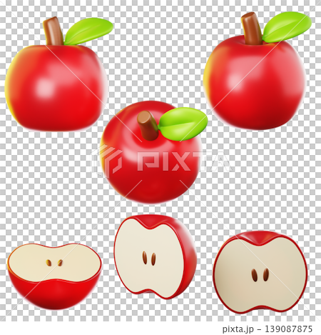 3D Icon fresh apples on three points of view. On transparent background. On transparent background. 3D illustration. High resolution 139087875
