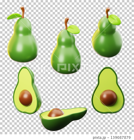 3D Icon fresh avocado on three points of view. On transparent background. On transparent background. 3D illustration. High resolution 3D Icon fresh avocado on three points of view. On transparent background. On transparent background. 3D illustration. High resolution 139087879