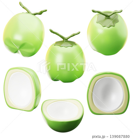 3D Icon fresh young coconut on three points of view. On transparent background. On transparent background. 3D illustration. High resolution 3D Icon fresh young coconut on three points of view. On transparent background. On transparent background. 3D illustration. High resolution 139087880