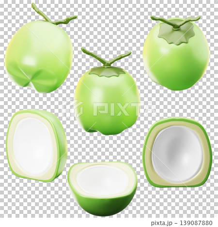 3D Icon fresh young coconut on three points of view. On transparent background. On transparent background. 3D illustration. High resolution 3D Icon fresh young coconut on three points of view. On transparent background. On transparent background. 3D illustration. High resolution 139087880