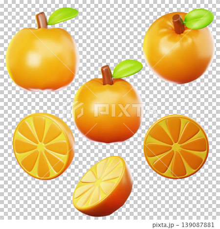 3D Icon fresh orange fruit on three points of view. On transparent background. On transparent background. 3D illustration. High resolution 3D Icon fresh orange fruit on three points of view. On transparent background. On transparent background. 3D illustration. High resolution 139087881