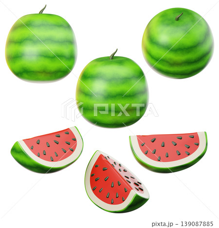 3D Icon fresh watermelon on three points of view. On transparent background. On transparent background. 3D illustration. High resolution 3D Icon fresh watermelon on three points of view. On transparent background. On transparent background. 3D illustration. High resolution 139087885