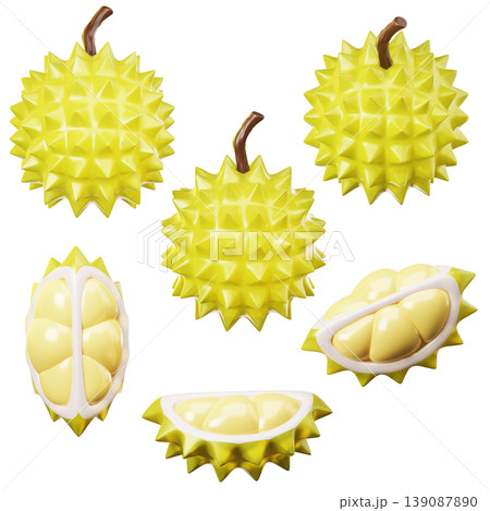 3D Icon fresh durian fruit on three points of view. On transparent background. On transparent background. 3D illustration. High resolution 3D Icon fresh durian fruit on three points of view. On transparent background. On transparent background. 3D illustration. High resolution 139087890