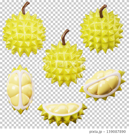 3D Icon fresh durian fruit on three points of view. On transparent background. On transparent background. 3D illustration. High resolution 3D Icon fresh durian fruit on three points of view. On transparent background. On transparent background. 3D illustration. High resolution 139087890