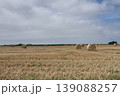 Golden agricultural field with hay bales under cloudy sky showing peaceful rural countryside landscape 139088257