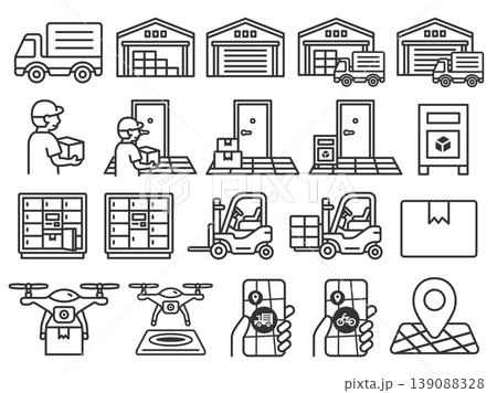 いろいろな、物流関連のアイコン(線画)のイラストセット いろいろな、物流関連のアイコン(線画)のイラストセット 139088328