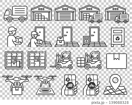 A set of illustrations of various logistics-related icons (line drawings). 139088328