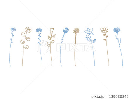 色々な種類の一輪の花のシンプルな手描きイラストセット2（青・茶色） 139088843