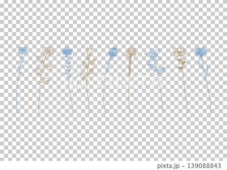 色々な種類の一輪の花のシンプルな手描きイラストセット2（青・茶色） 139088843
