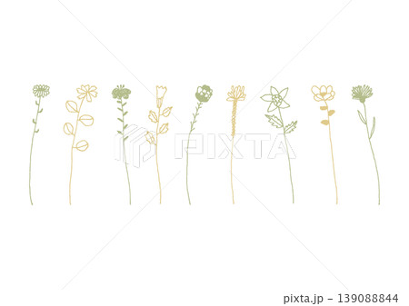 色々な種類の一輪の花のシンプルな手描きイラストセット2（黄色・緑） 139088844
