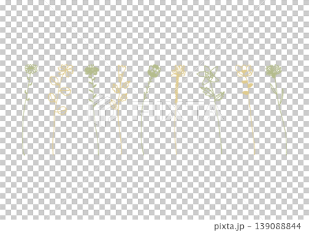 色々な種類の一輪の花のシンプルな手描きイラストセット2（黄色・緑） 139088844
